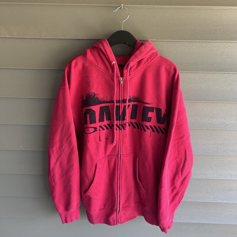 Oakley Men's Medium Red Full Zip Hoodie Distressed Graphic Logo Y2K Skate Surf